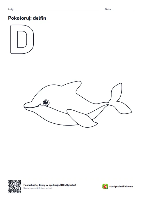 Kolorowanka z literą D, obrazek: delfin