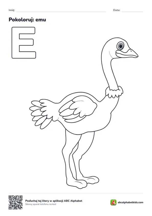 Kolorowanka z literą E, obrazek: emu
