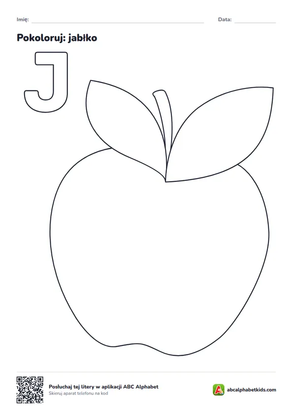 Kolorowanka z literą J, obrazek: jabłko