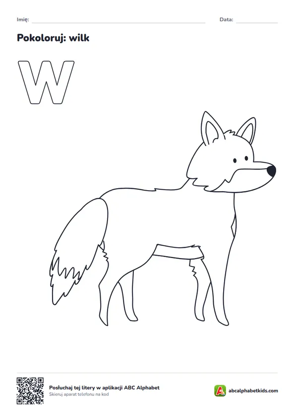 Kolorowanka z literą W, obrazek: wilk