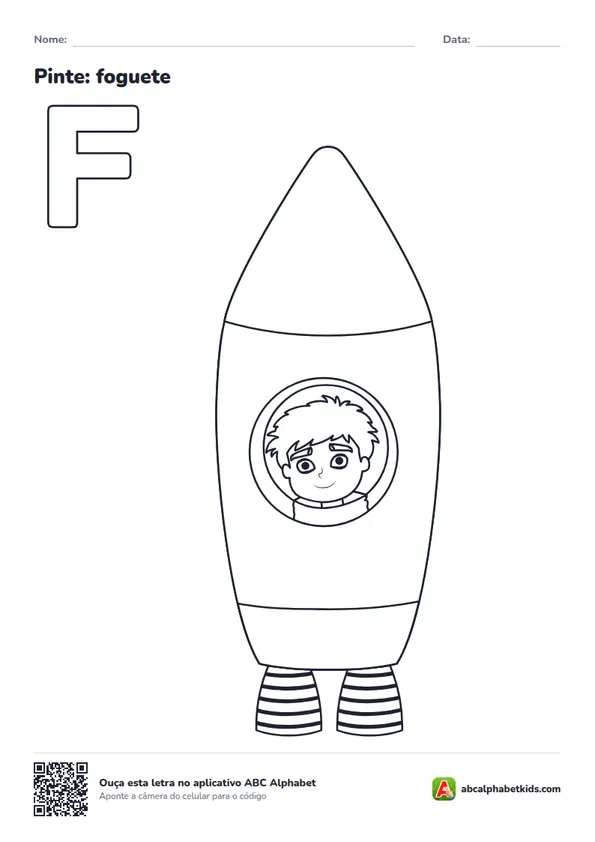 Desenho para colorir da letra F com foguete