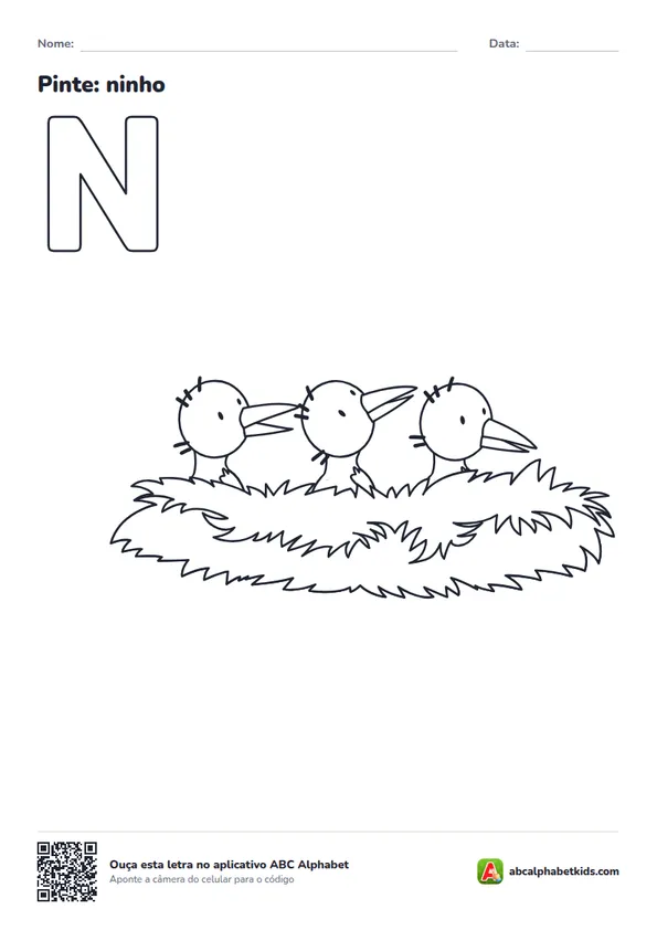 Desenho para colorir da letra N com ninho