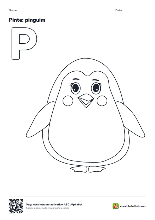 Desenho para colorir da letra P com pinguim