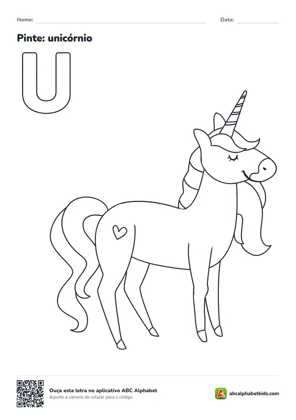 Desenho para colorir da letra U com unicórnio