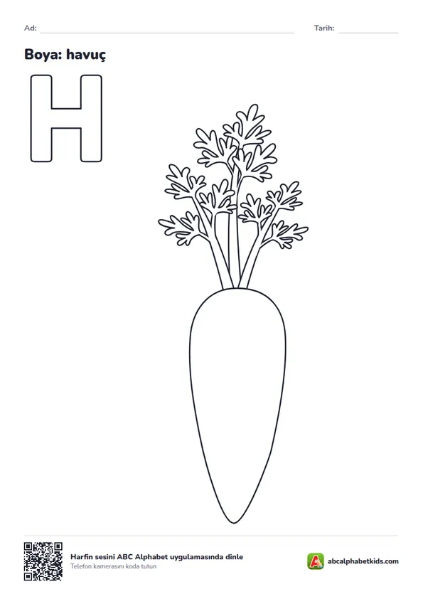 H harfi boyama sayfası, havuç resmiyle