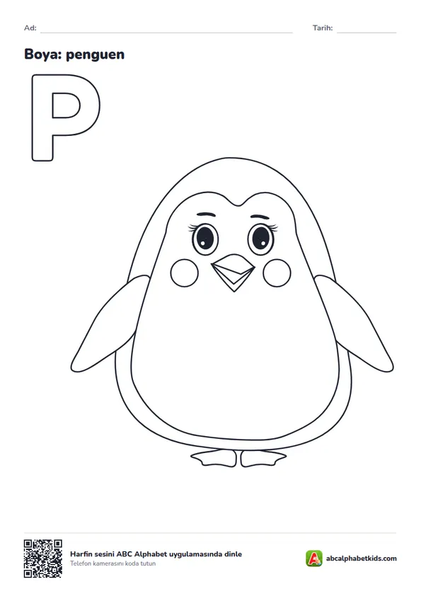 P harfi boyama sayfası, penguen resmiyle
