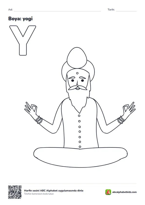 Y harfi boyama sayfası, yogi resmiyle