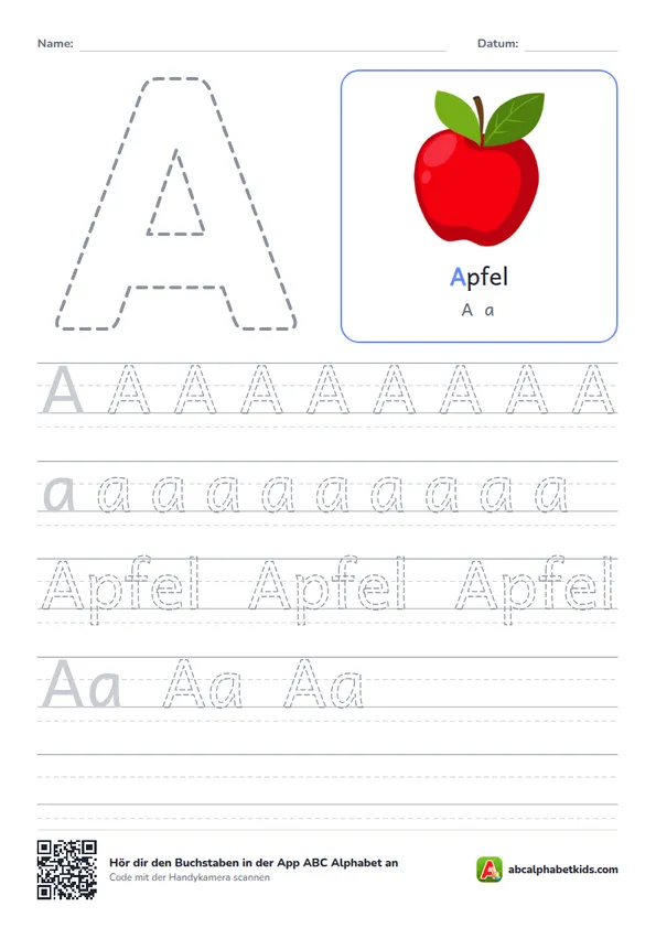 Arbeitsblatt Buchstabe A mit der Apfel