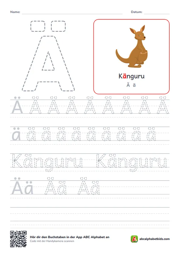 Arbeitsblatt Buchstabe Ä mit das Känguru