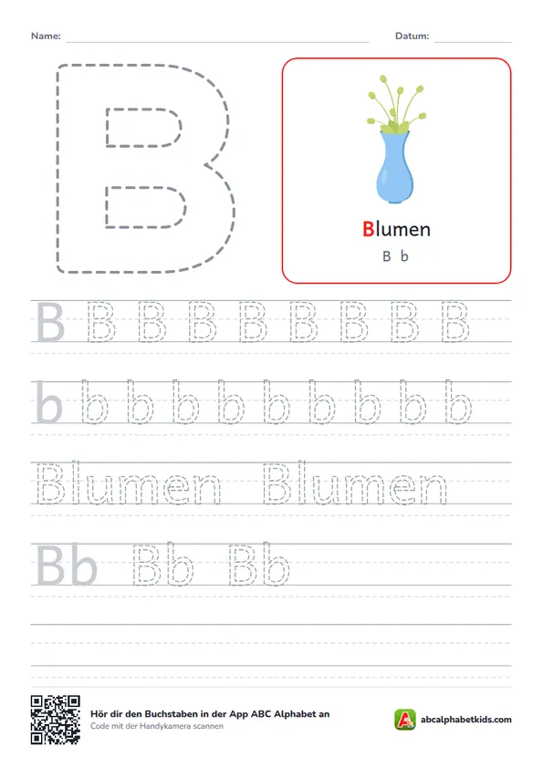 Arbeitsblatt Buchstabe B mit die Blumen
