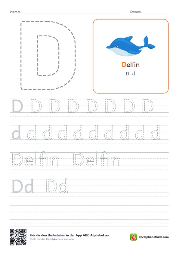 Arbeitsblatt Buchstabe D mit der Delfin