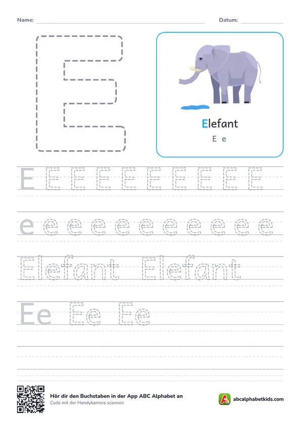 Arbeitsblatt Buchstabe E mit der Elefant