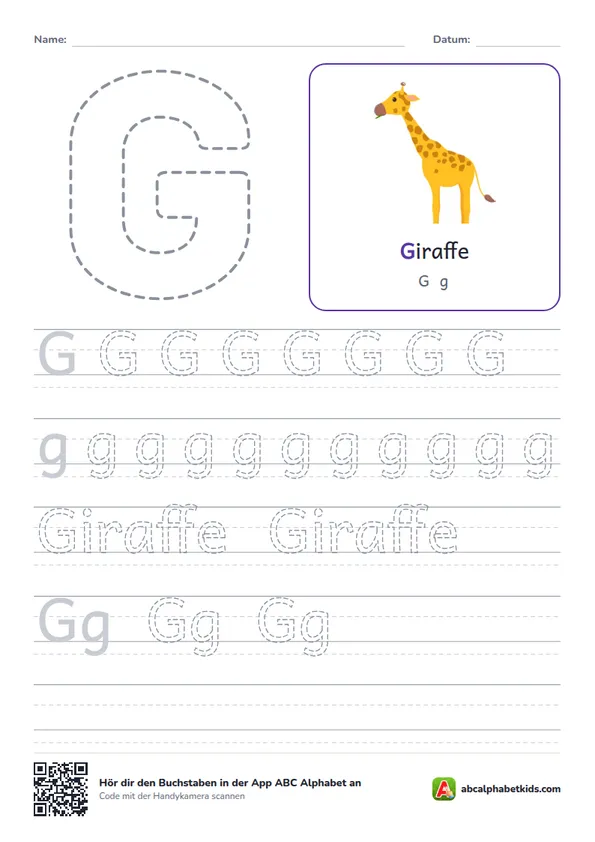 Arbeitsblatt Buchstabe G mit die Giraffe