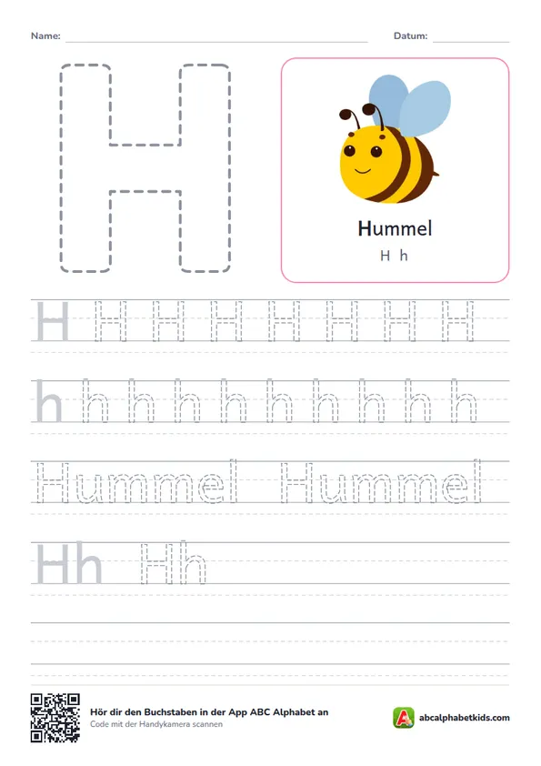 Arbeitsblatt Buchstabe H mit die Hummel