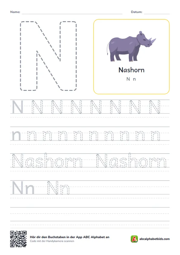 Arbeitsblatt Buchstabe N mit das Nashorn
