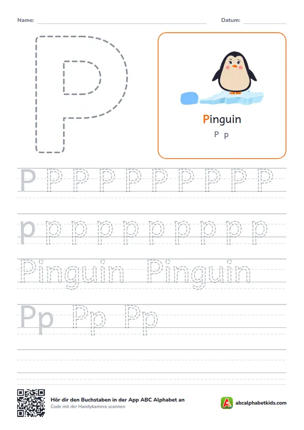Arbeitsblatt Buchstabe P mit der Pinguin