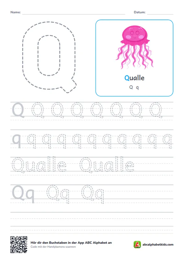 Arbeitsblatt Buchstabe Q mit die Qualle