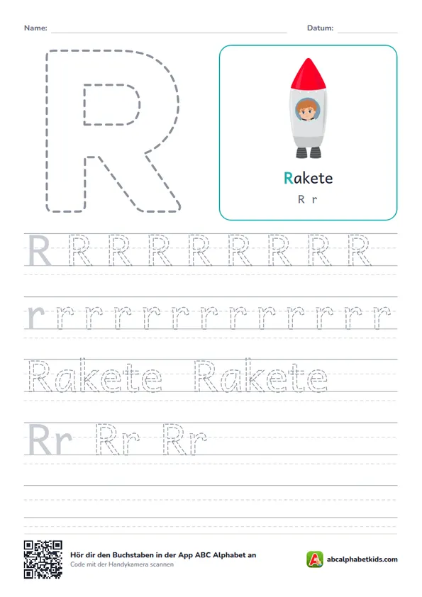 Arbeitsblatt Buchstabe R mit die Rakete