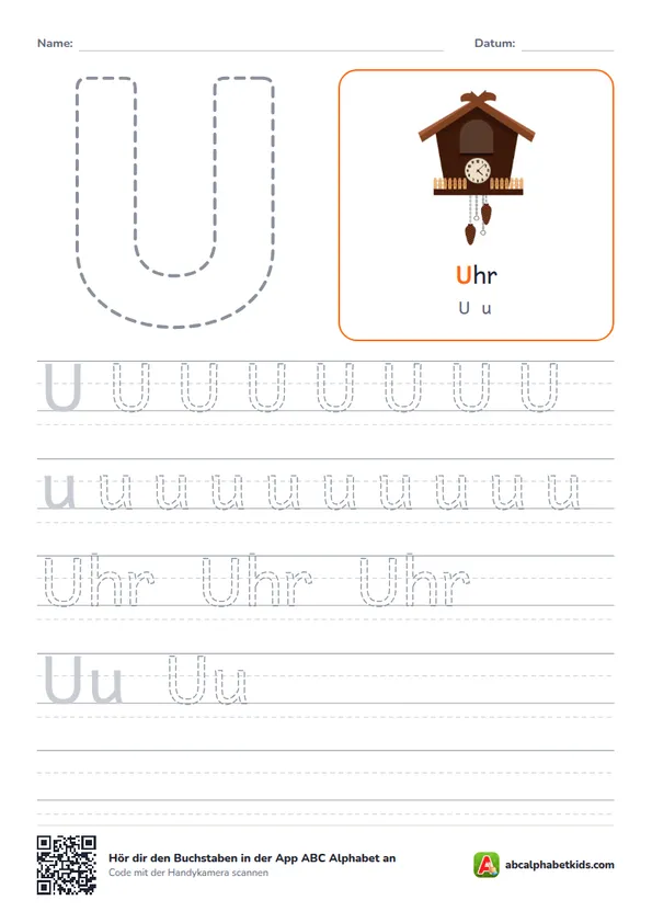 Arbeitsblatt Buchstabe U mit die Uhr