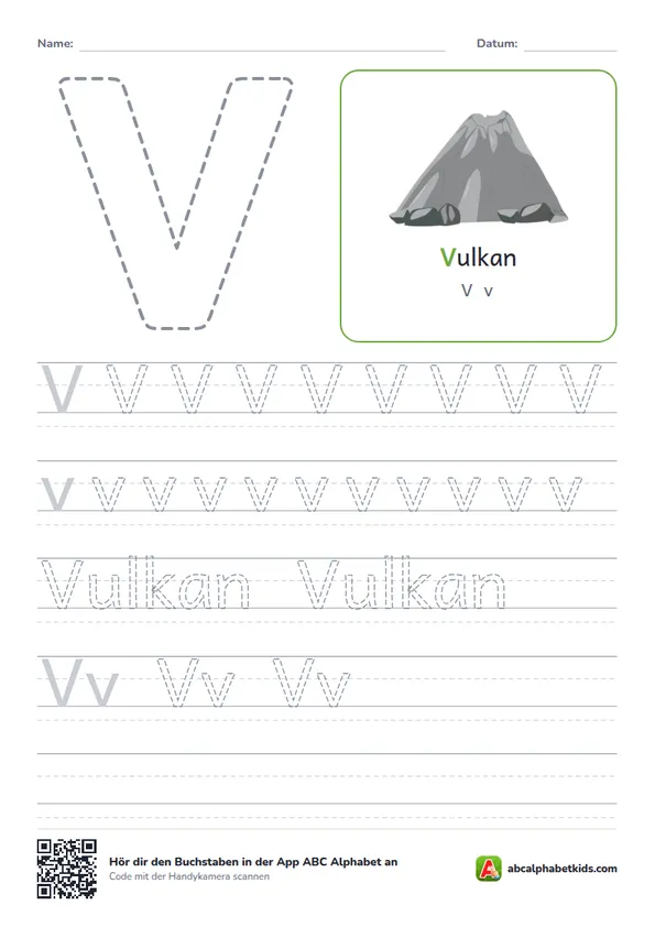 Arbeitsblatt Buchstabe V mit der Vulkan