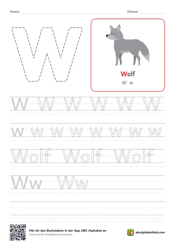 Arbeitsblatt Buchstabe W mit der Wolf