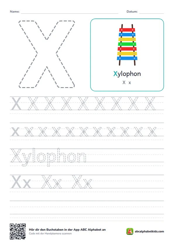 Arbeitsblatt Buchstabe X mit das Xylophon