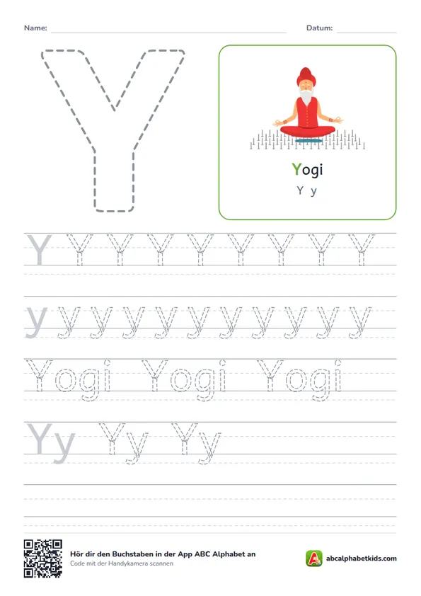 Arbeitsblatt Buchstabe Y mit der Yogi