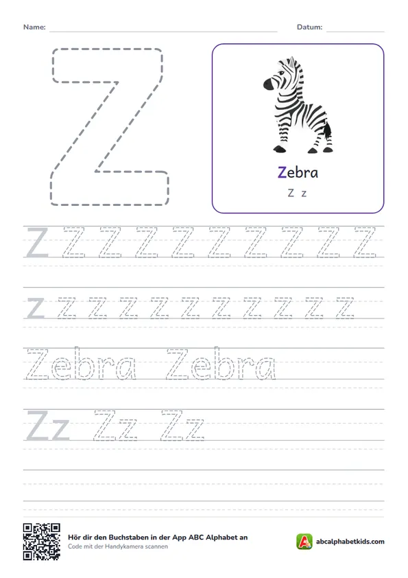 Arbeitsblatt Buchstabe Z mit das Zebra