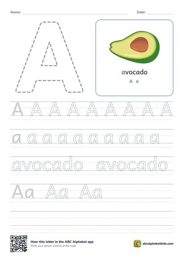 Letter A tracing worksheet with an avocado