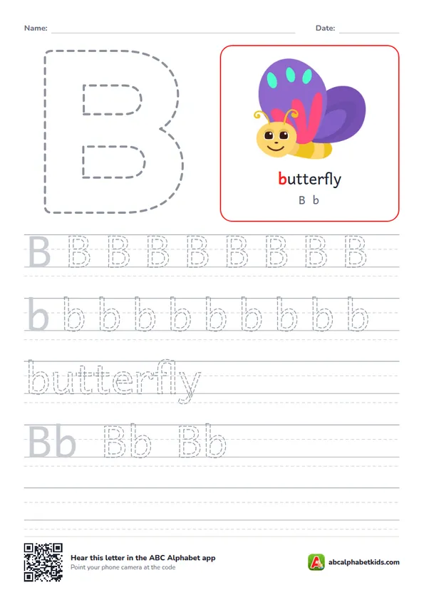 Letter B tracing worksheet with a butterfly