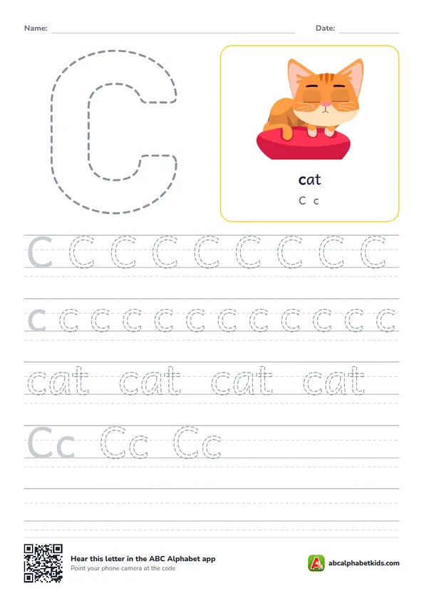 Letter C tracing worksheet with a cat