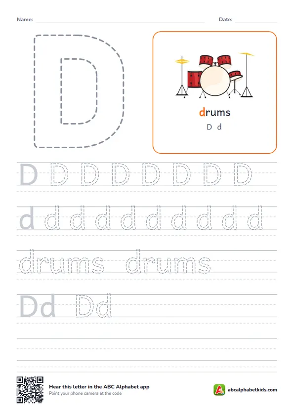 Letter D tracing worksheet with a drums