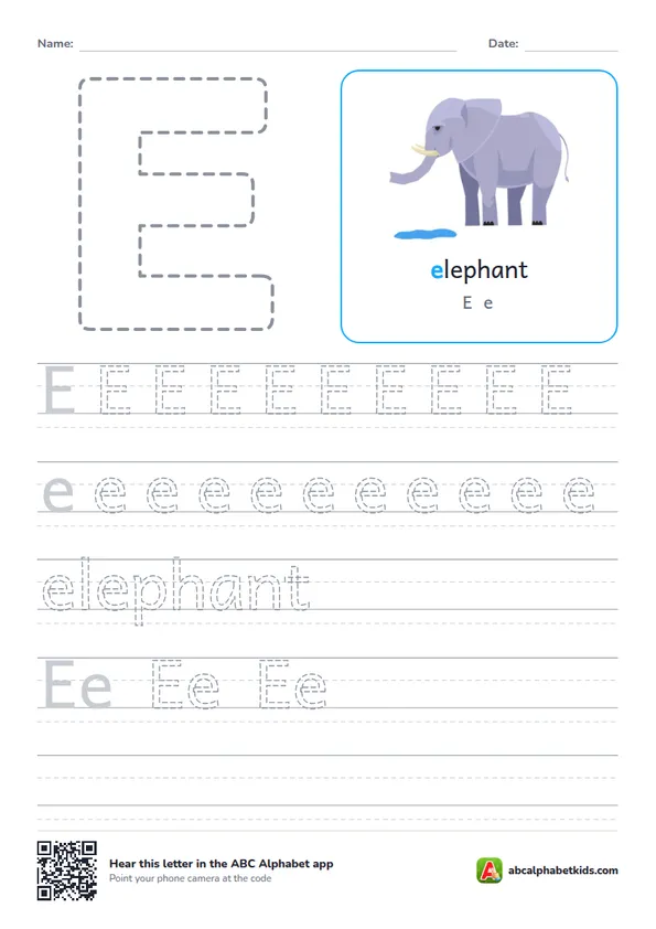 Letter E tracing worksheet with an elephant