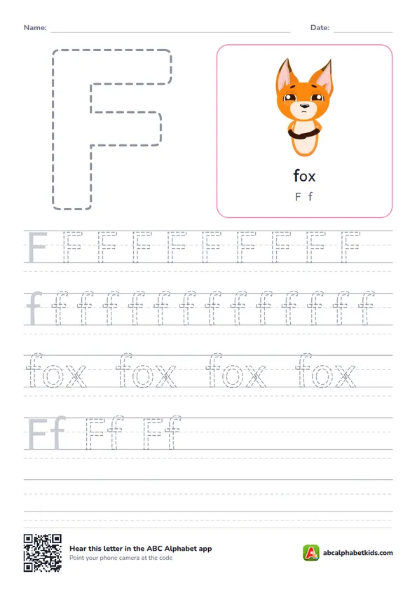 Letter F tracing worksheet with a fox