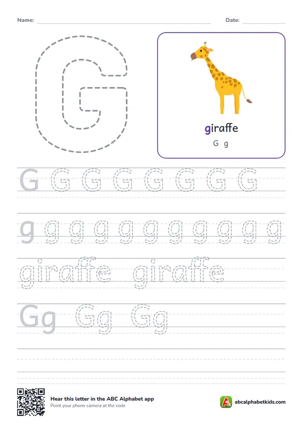 Letter G tracing worksheet with a giraffe