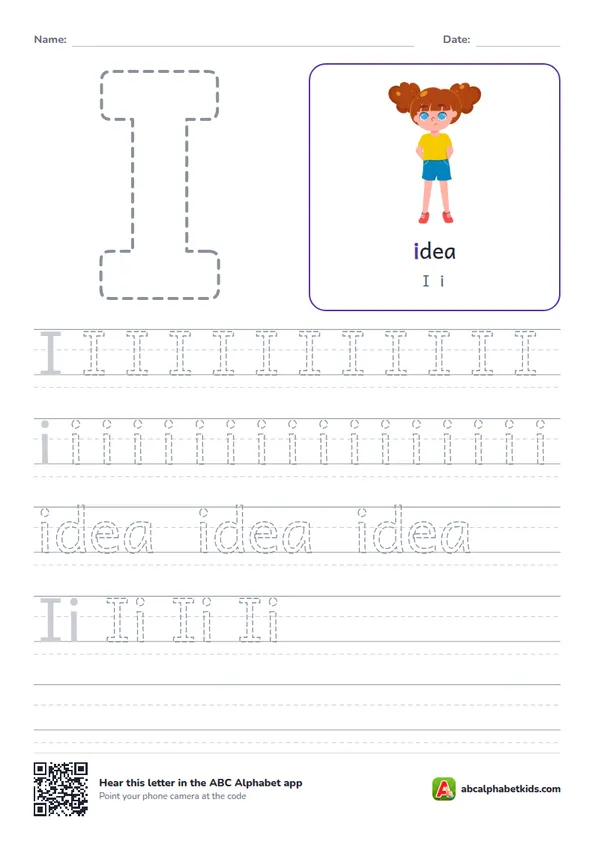 Letter I tracing worksheet with an idea