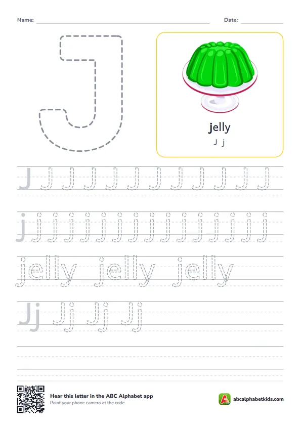 Letter J tracing worksheet with a jelly