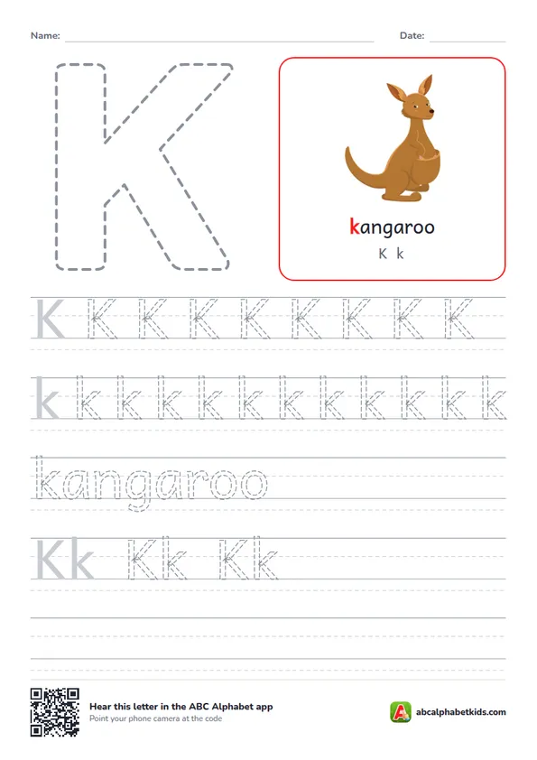 Letter K tracing worksheet with a kangaroo