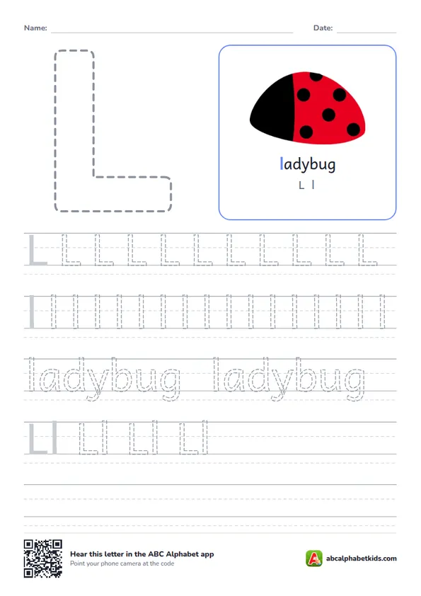 Letter L tracing worksheet with a ladybug