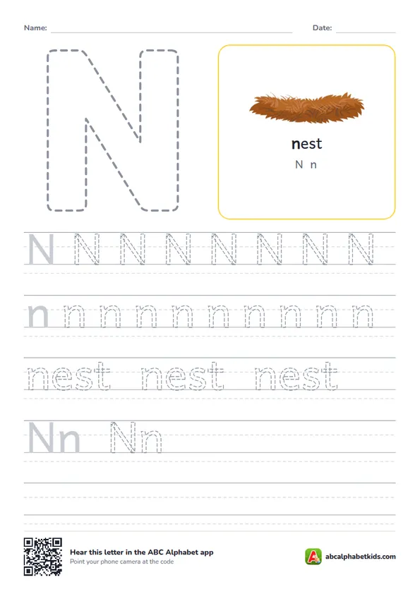 Letter N tracing worksheet with a nest
