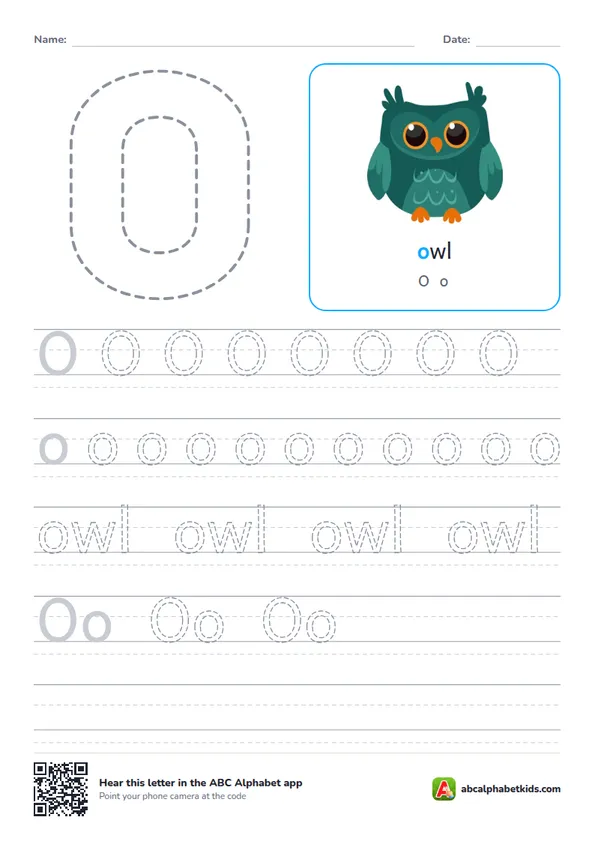 Letter O tracing worksheet with an owl