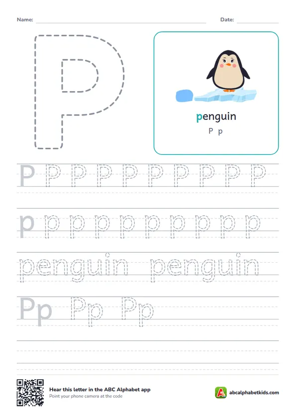 Letter P tracing worksheet with a penguin
