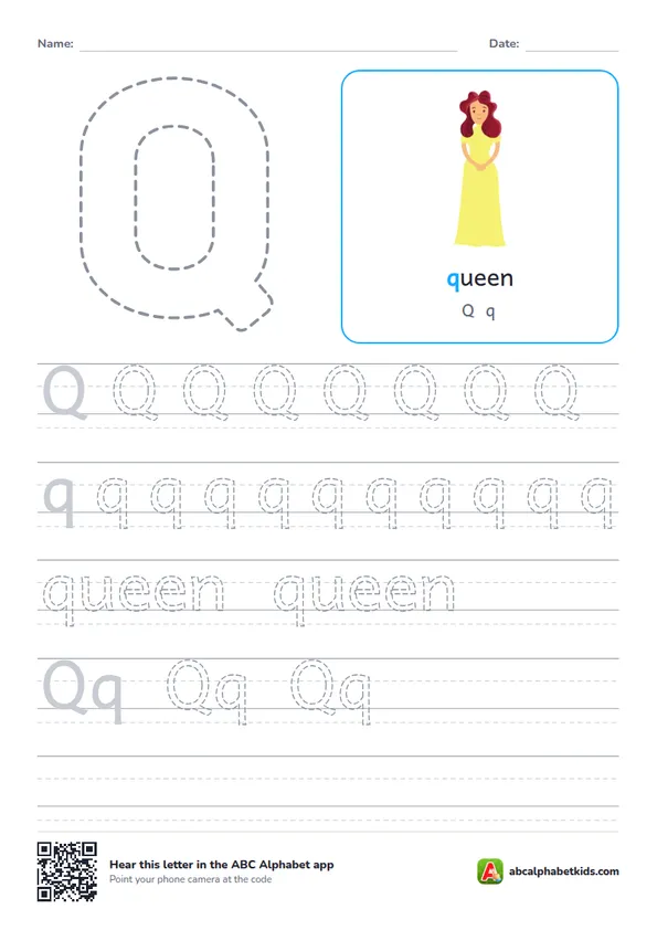 Letter Q tracing worksheet with a queen