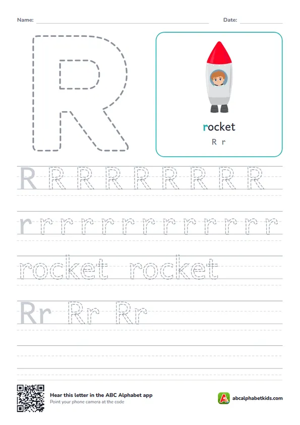 Letter R tracing worksheet with a rocket