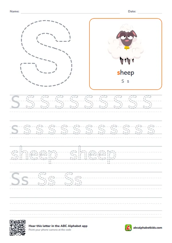 Letter S tracing worksheet with a sheep