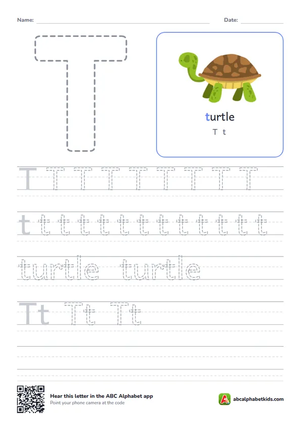 Letter T tracing worksheet with a turtle