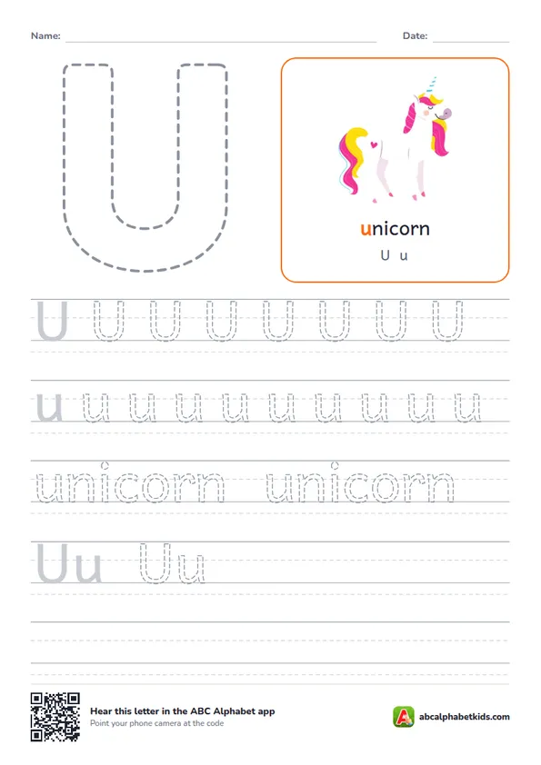 Letter U tracing worksheet with an unicorn