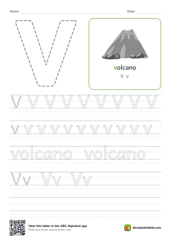 Letter V tracing worksheet with a volcano