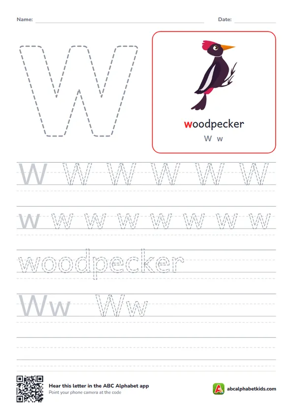 Letter W tracing worksheet with a woodpecker
