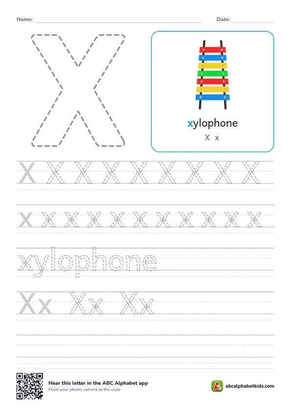 Letter X tracing worksheet with a xylophone